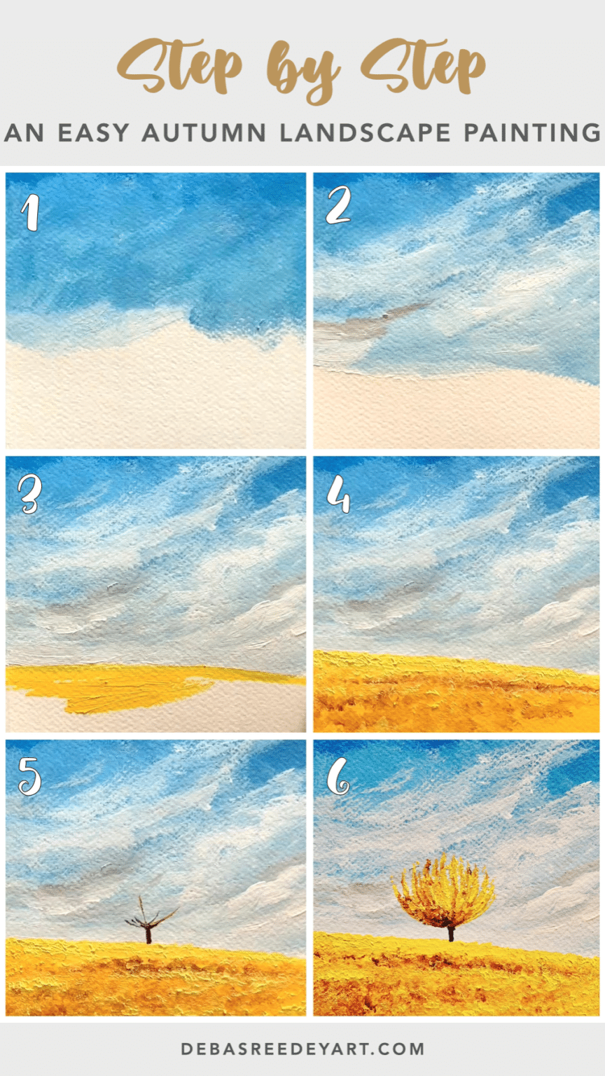 How to paint an Easy Autumn Tree Landscape in 10 easy steps Debasree